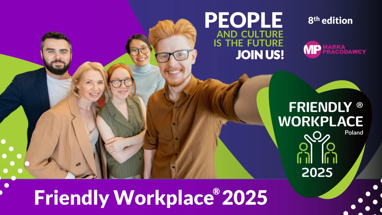 Friendly Workplace - baner VIII edycji 2025. Godło potwierdza, że Holding 1 jest firmą przyjazną pracownikom